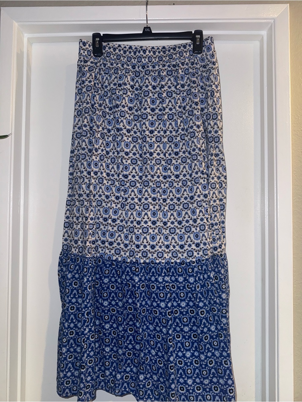 LOFT Blue and White Printed Tiered Maxi Skirt